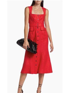 Matthew Bruch Belted Square Neck Linen Midi-Dress Red- Size 4